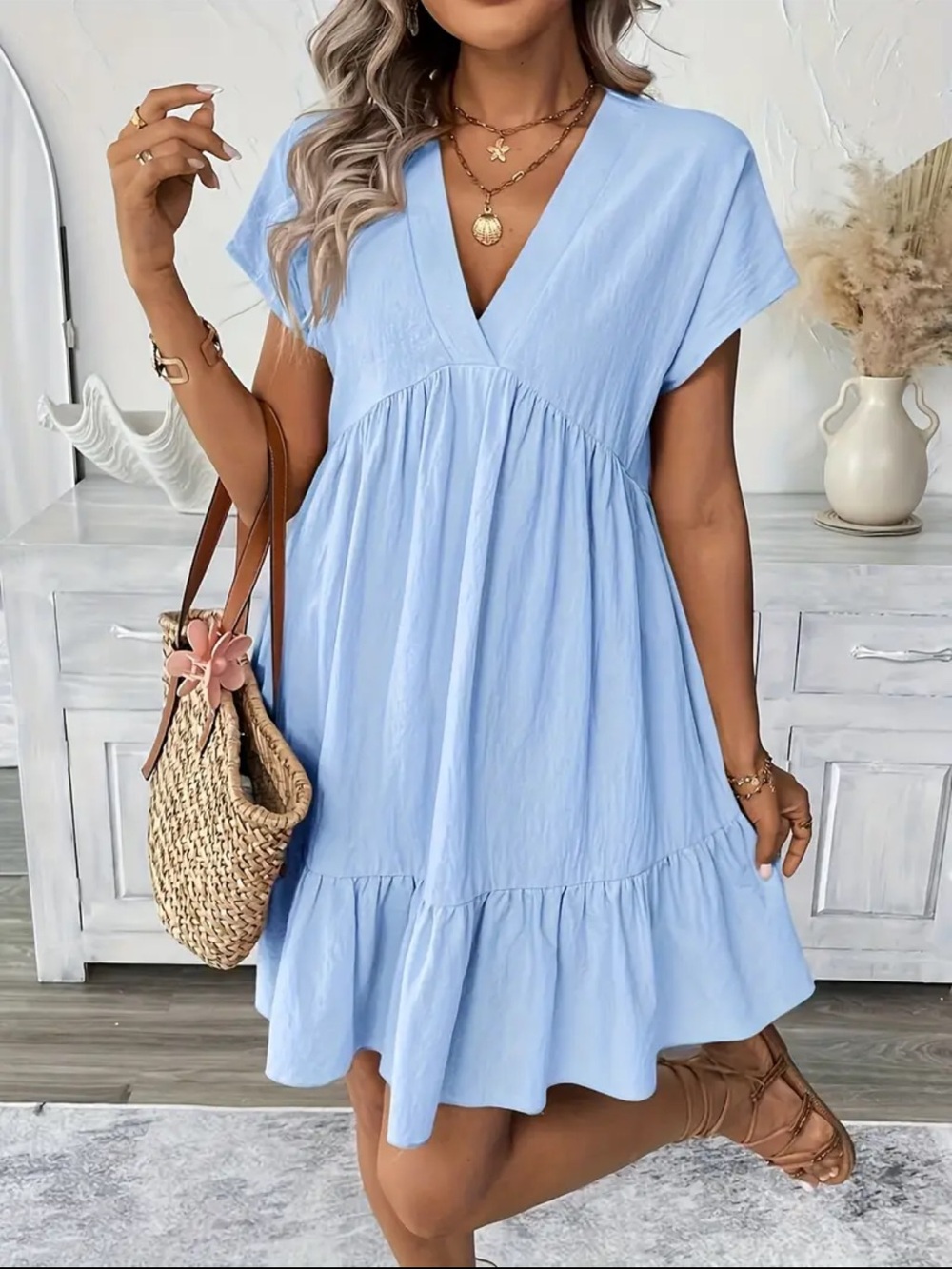 Light Blue V-Neck Tiered Mini Dress